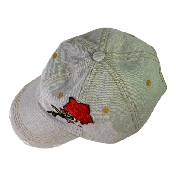 Distressed Denim Ball Cap Embroidered Rose Adjustable Hat - Picture 4 of 7